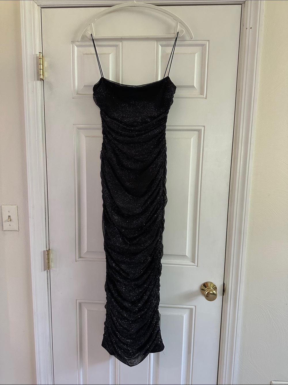 Black Sparkle Ruched Maxi Slip Dress